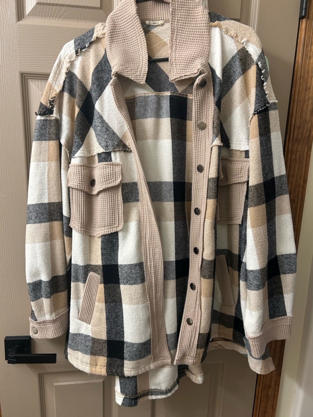 POL Beige, Black and Cream Waffle Knit Plaid Jacket